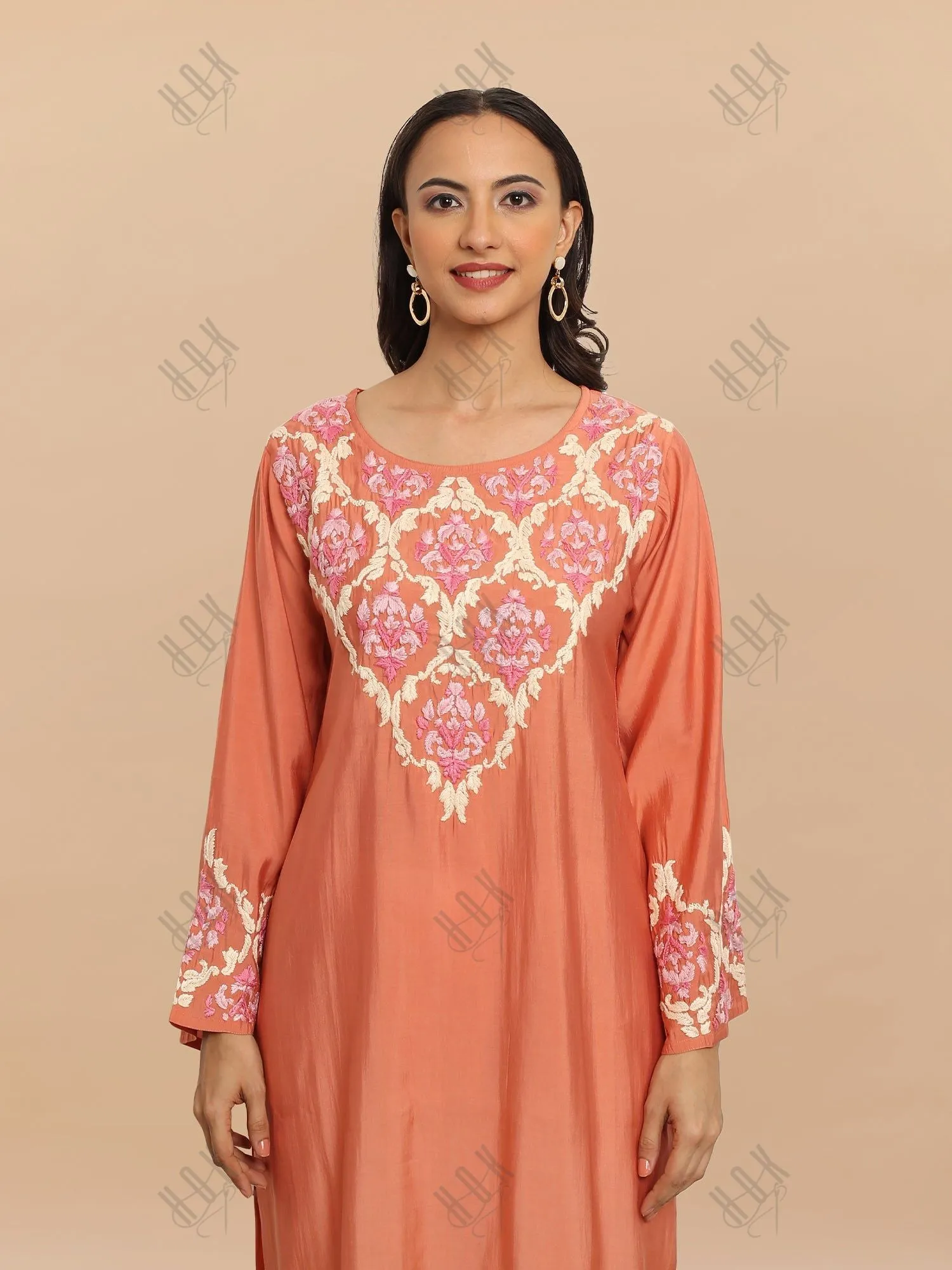 Sakshi in Saba Chikankari Long Kurta in Modal Silk - Peach