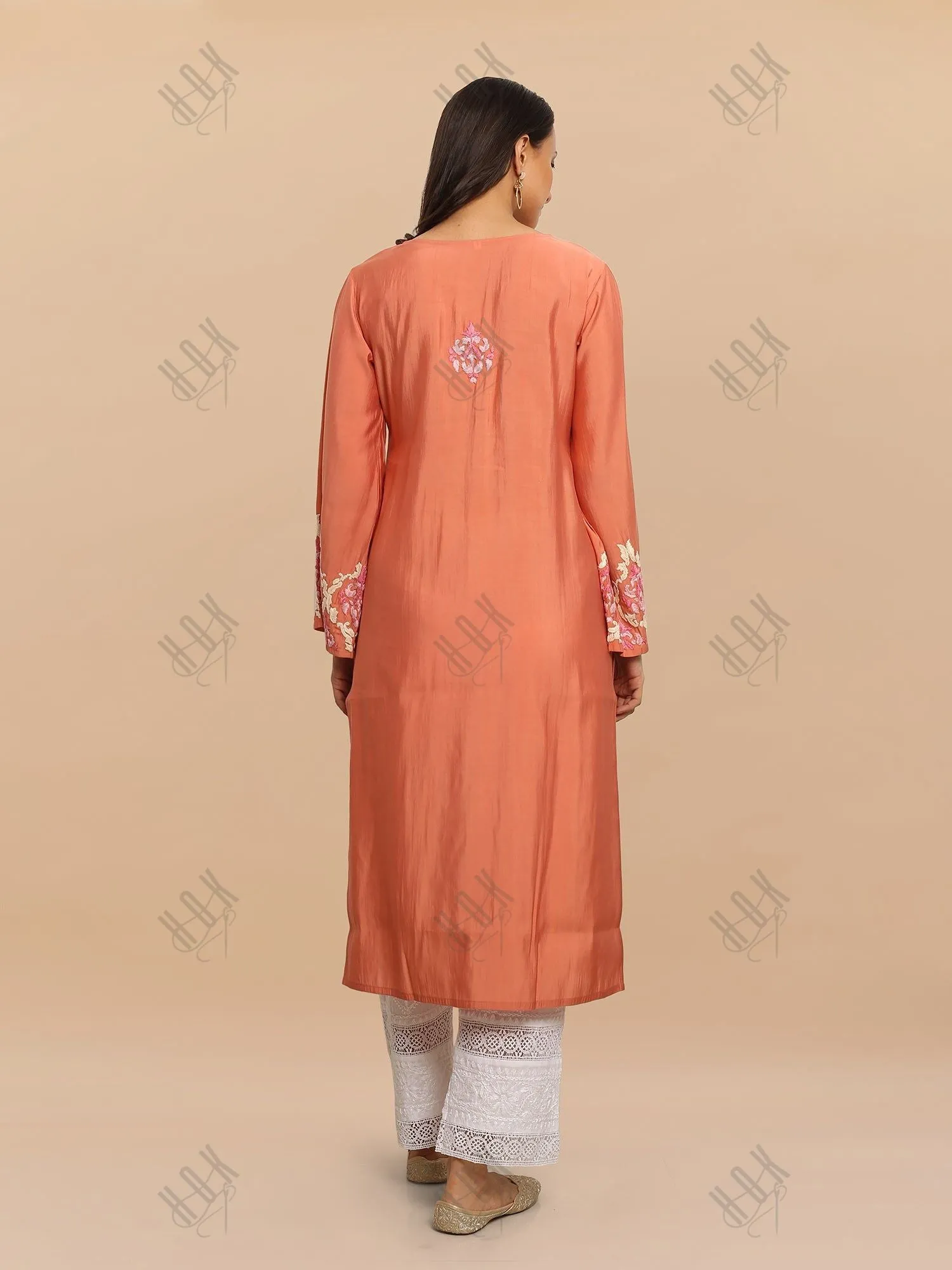 Sakshi in Saba Chikankari Long Kurta in Modal Silk - Peach