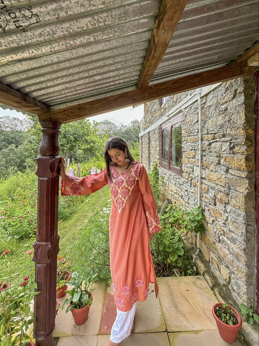 Sakshi in Saba Chikankari Long Kurta in Modal Silk - Peach