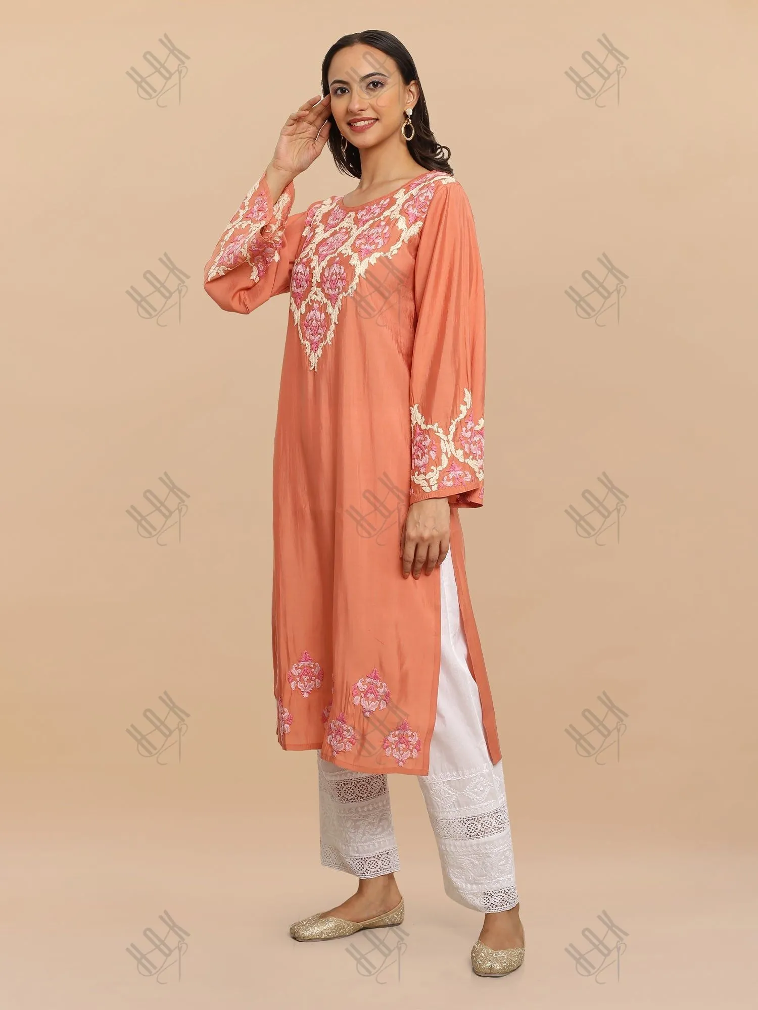 Sakshi in Saba Chikankari Long Kurta in Modal Silk - Peach