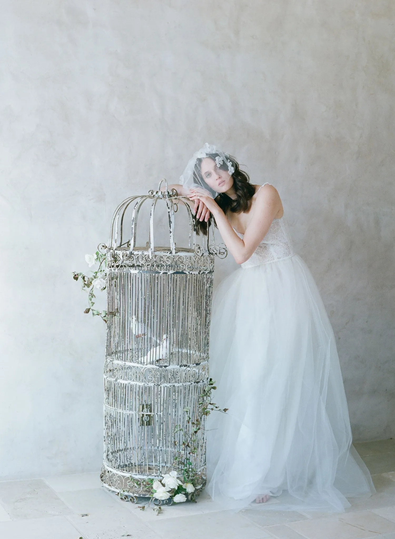 Silk flower, silk tulle birdcage veil - Style #531