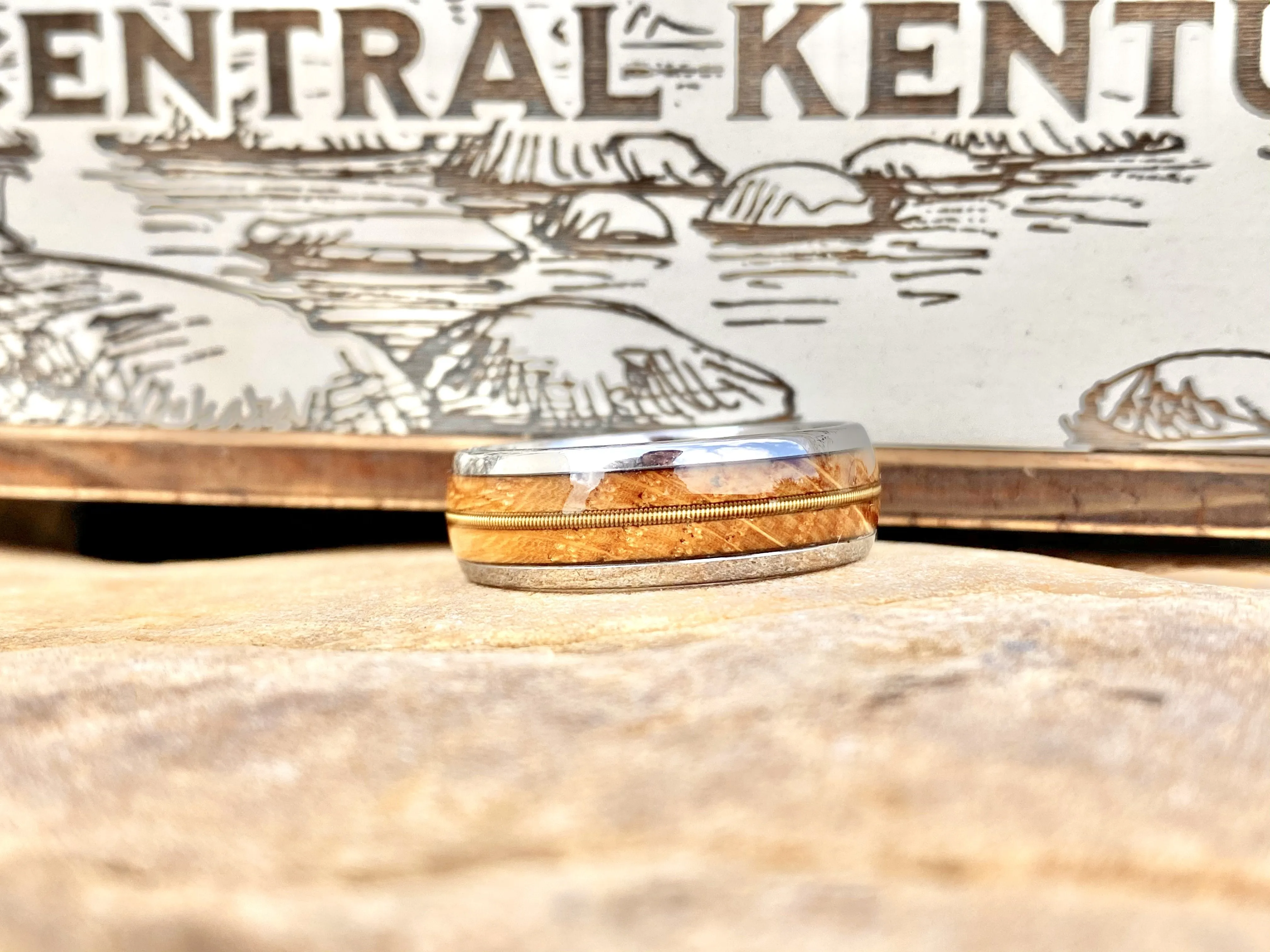 “The Guitar Player” Tungsten Ring With Reclaimed Bourbon Barrel And Guitar String