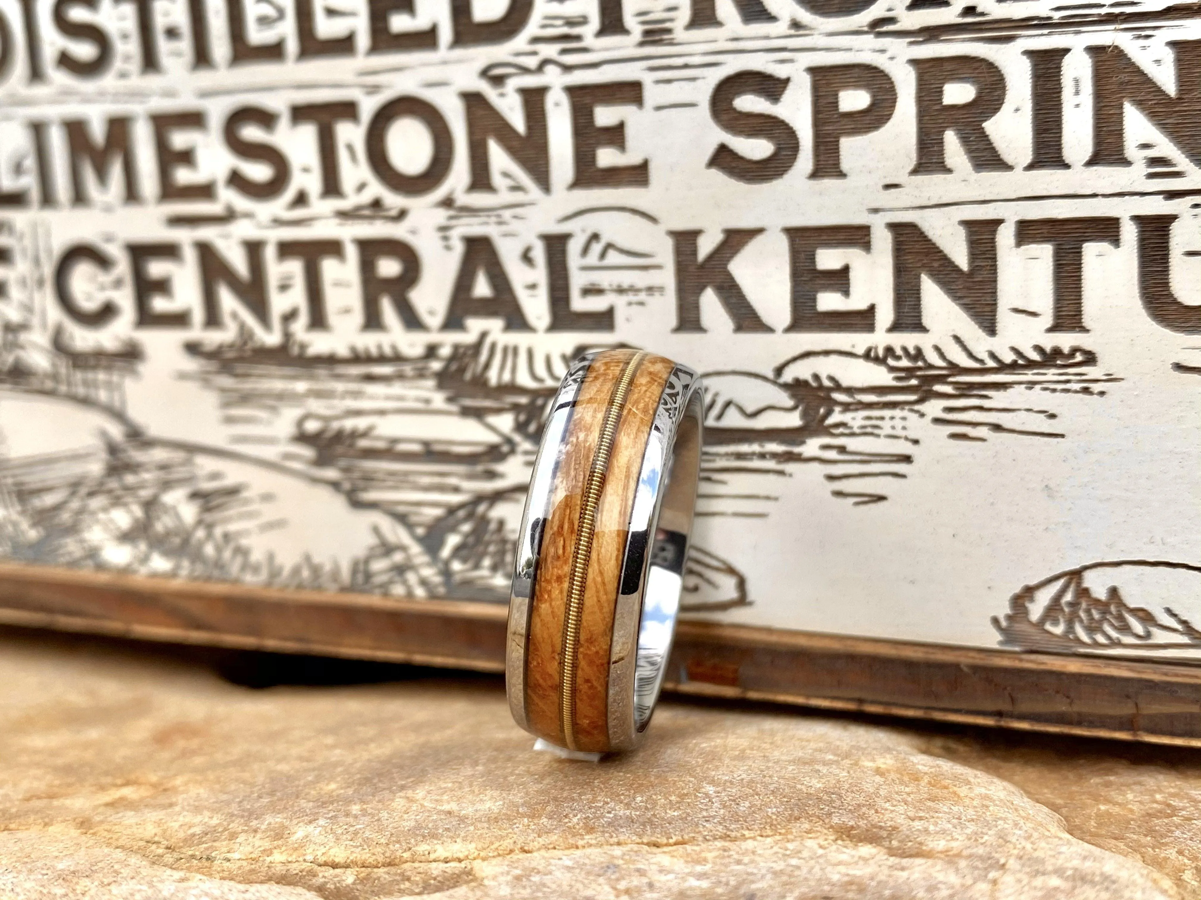 “The Guitar Player” Tungsten Ring With Reclaimed Bourbon Barrel And Guitar String