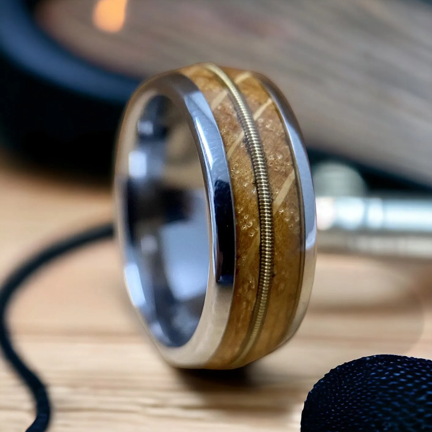 “The Guitar Player” Tungsten Ring With Reclaimed Bourbon Barrel And Guitar String