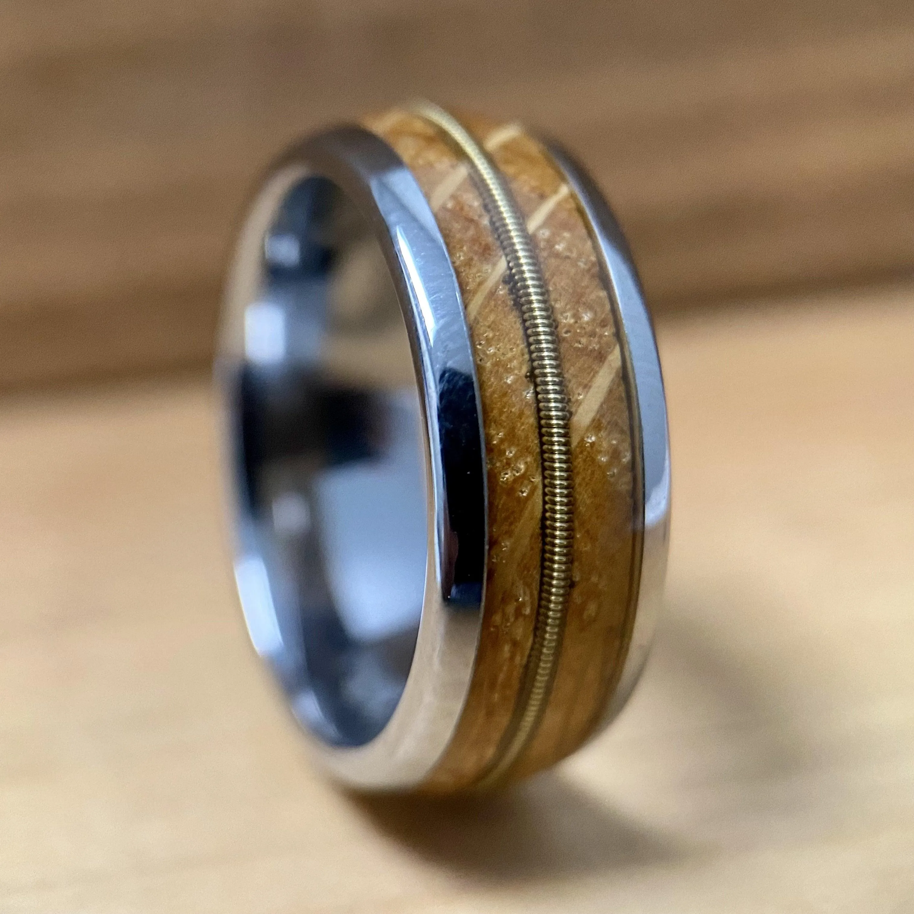 “The Guitar Player” Tungsten Ring With Reclaimed Bourbon Barrel And Guitar String