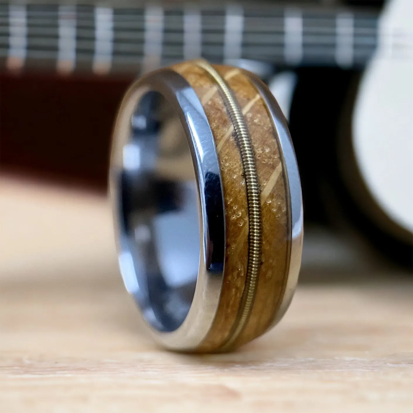 “The Guitar Player” Tungsten Ring With Reclaimed Bourbon Barrel And Guitar String