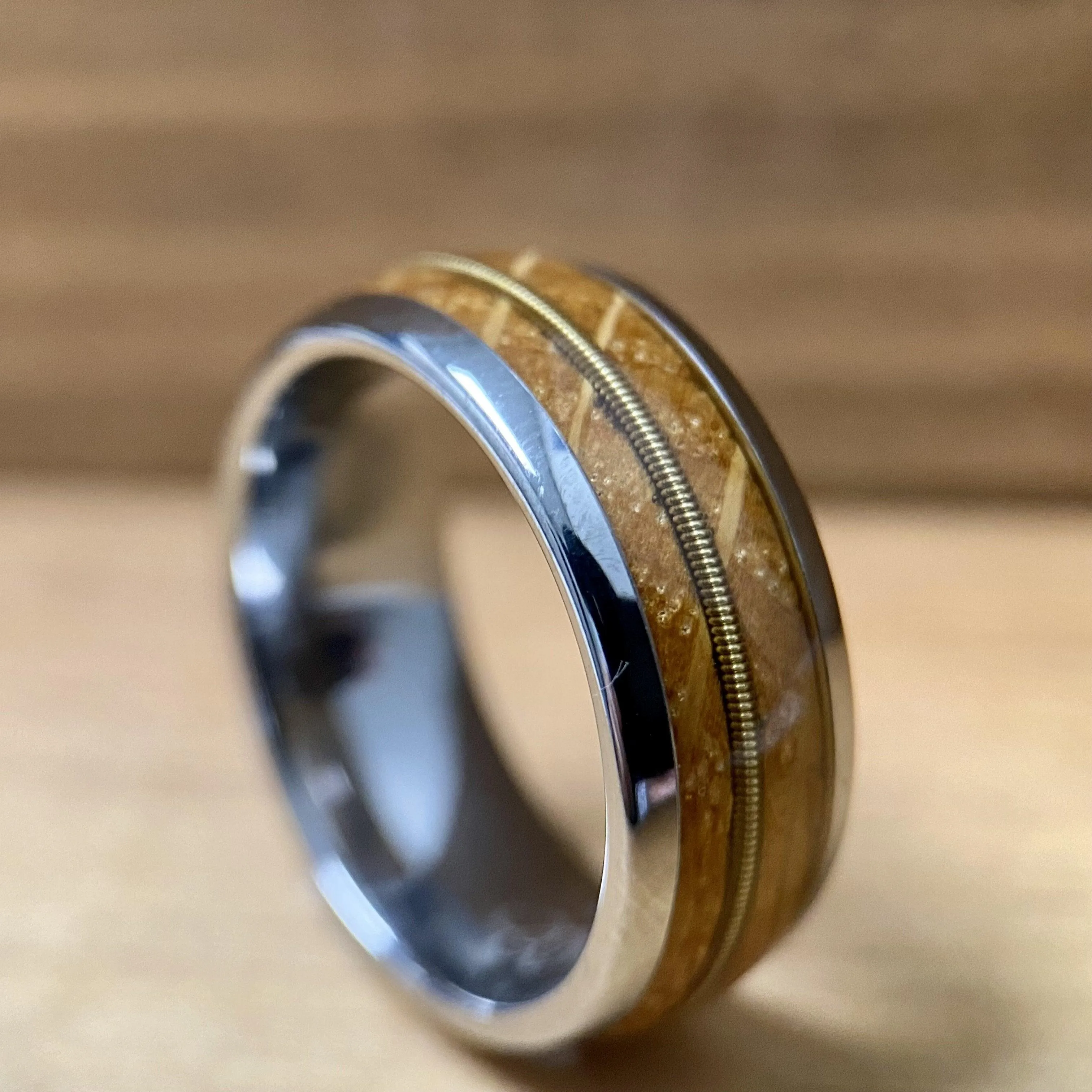 “The Guitar Player” Tungsten Ring With Reclaimed Bourbon Barrel And Guitar String