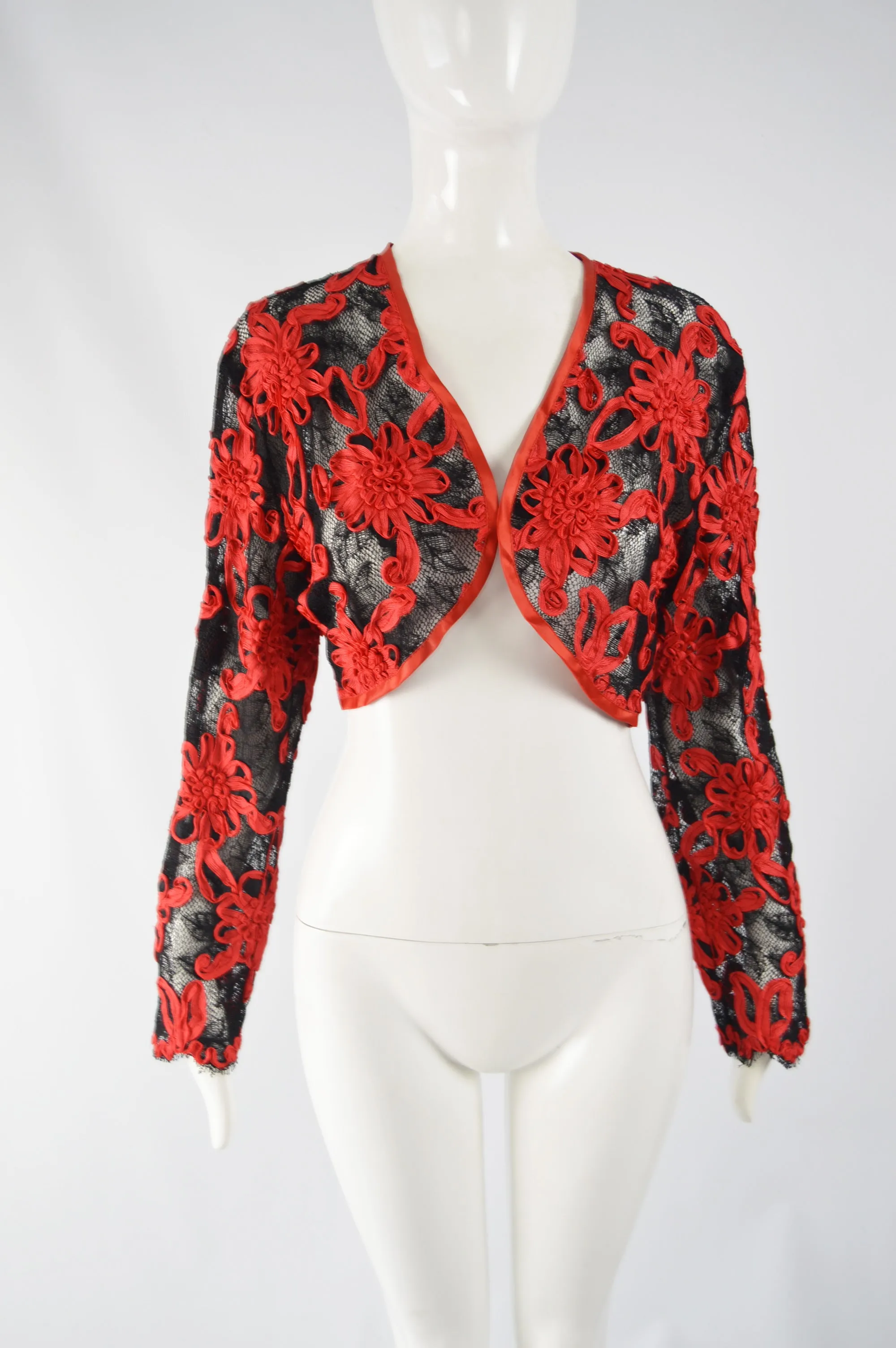 Vintage Red & Black Ribbonwork Lace Jacket, 1980s