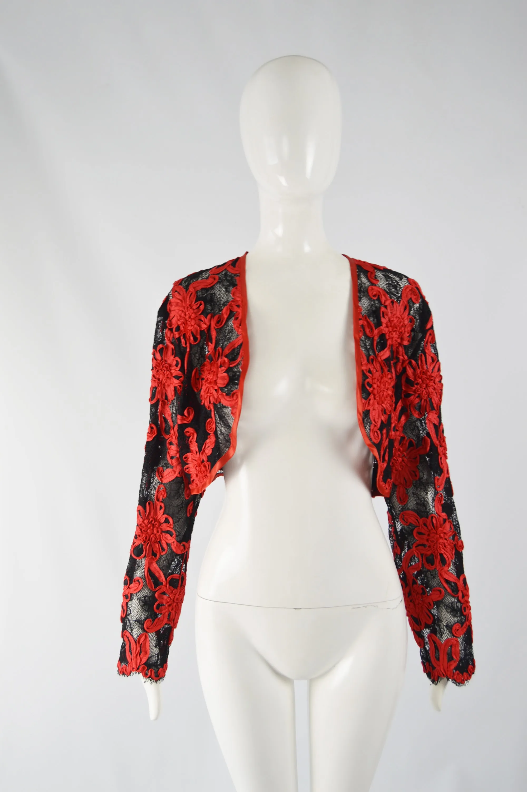 Vintage Red & Black Ribbonwork Lace Jacket, 1980s