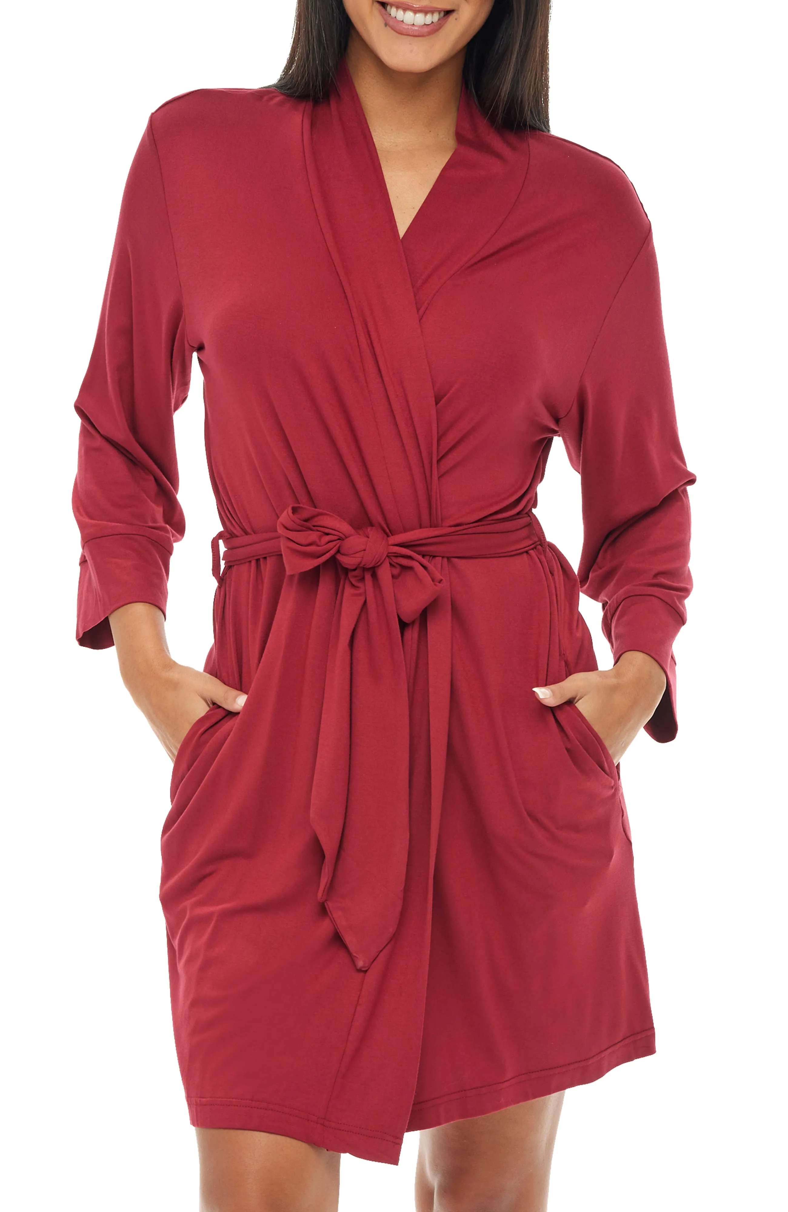 Women's Classic Knit Robe with Pockets, Lightweight Knee Length Bathrobe