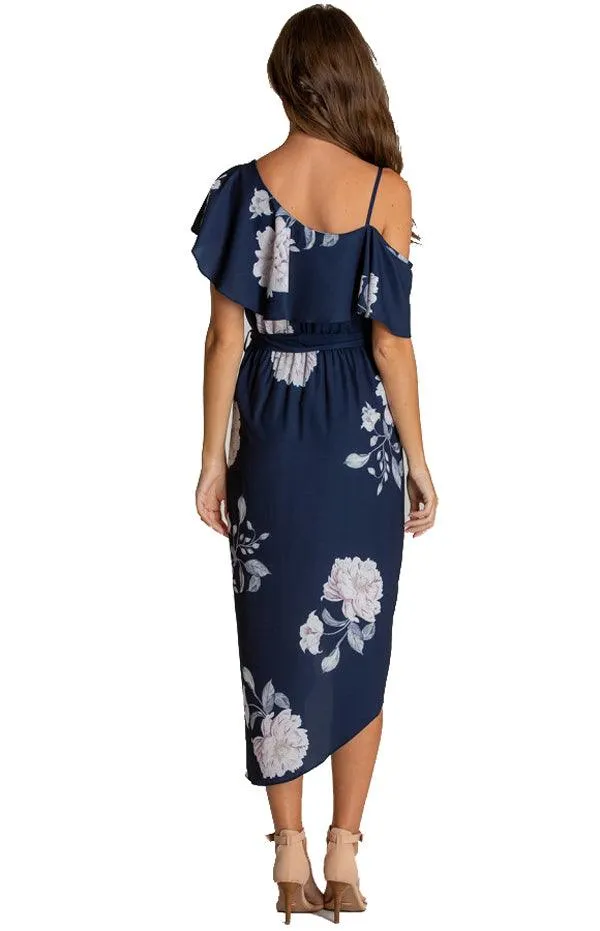 Women's Navy Floral V-Neckline Dress With Asymmetrical Hem