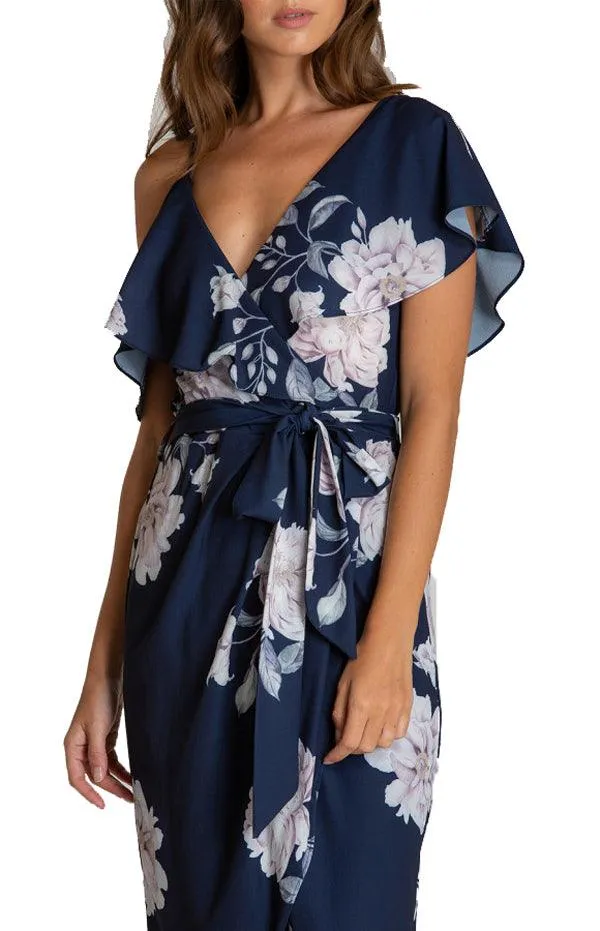 Women's Navy Floral V-Neckline Dress With Asymmetrical Hem