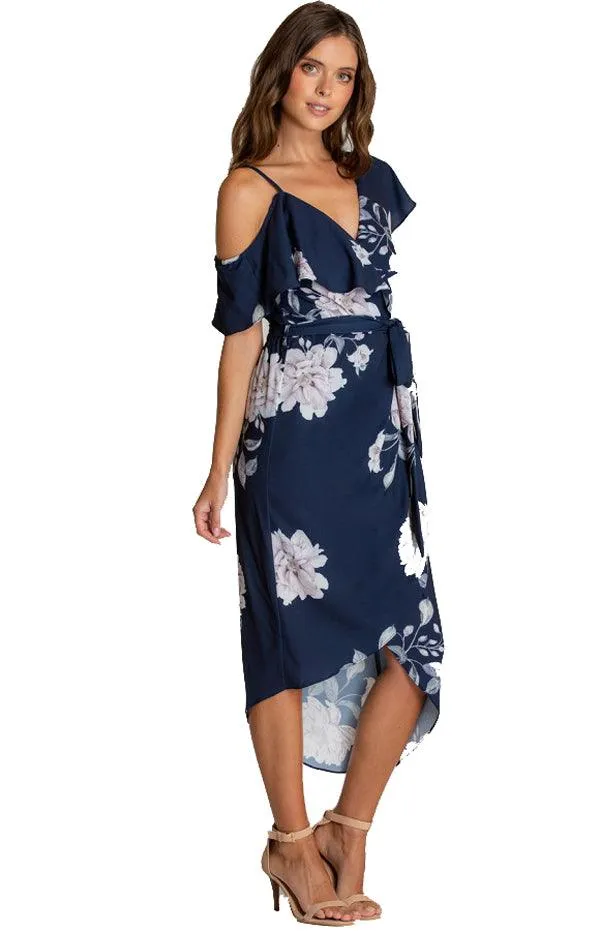 Women's Navy Floral V-Neckline Dress With Asymmetrical Hem