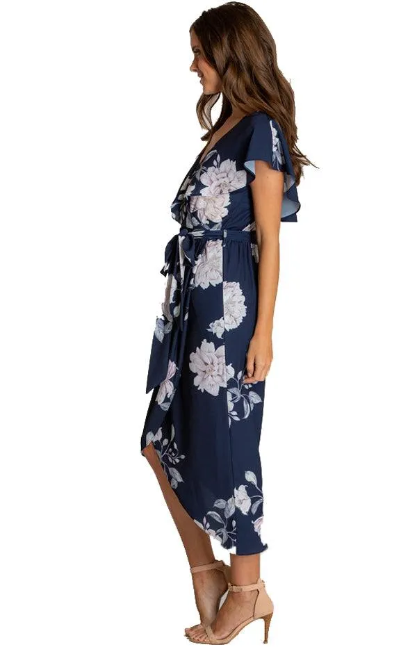 Women's Navy Floral V-Neckline Dress With Asymmetrical Hem