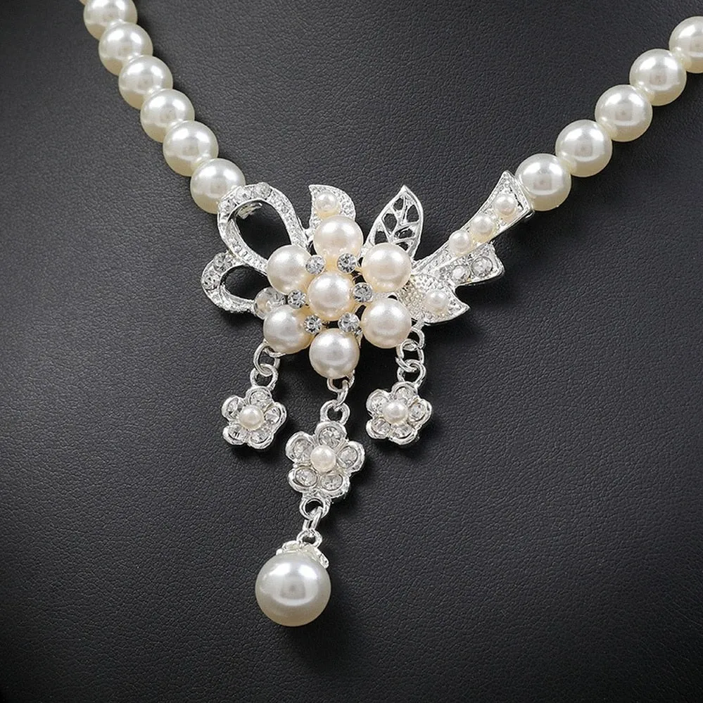 Women's Trendy Rhinestone Pearl Flower Pendant Necklace and Earrings Wedding Jewelry Set