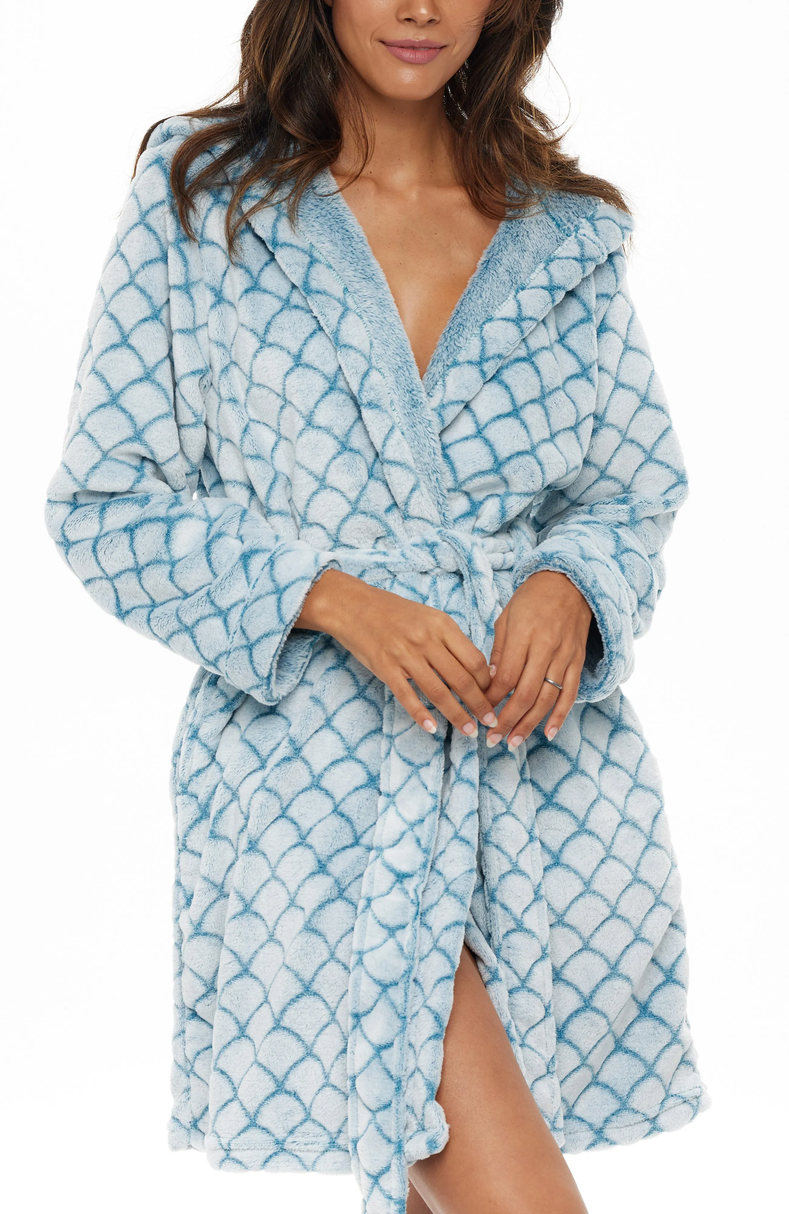 Women's Warm Soft Plush Fleece Bathrobe with Hood, Knee Length Hooded Robe