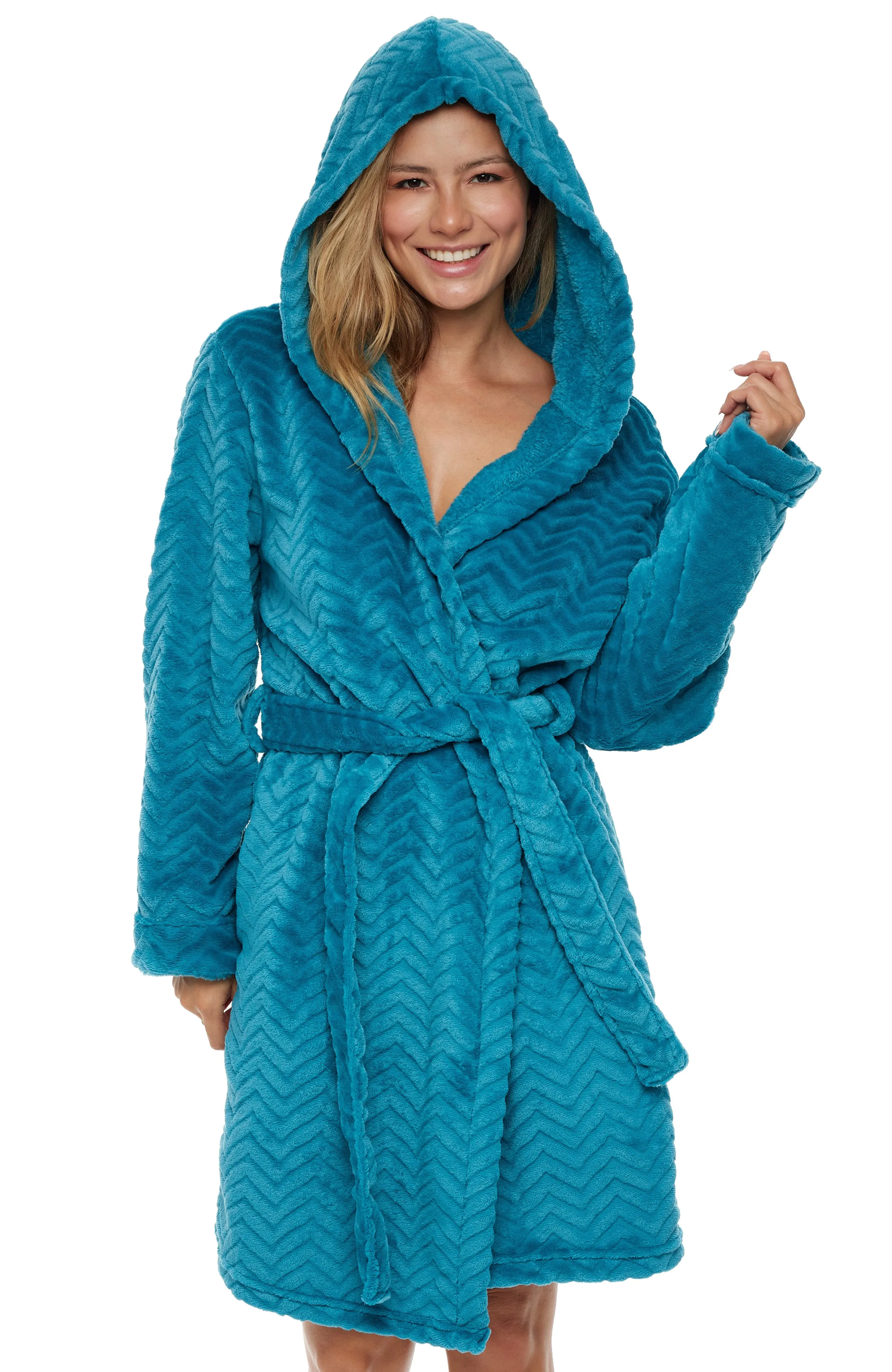 Women's Warm Soft Plush Fleece Bathrobe with Hood, Knee Length Hooded Robe