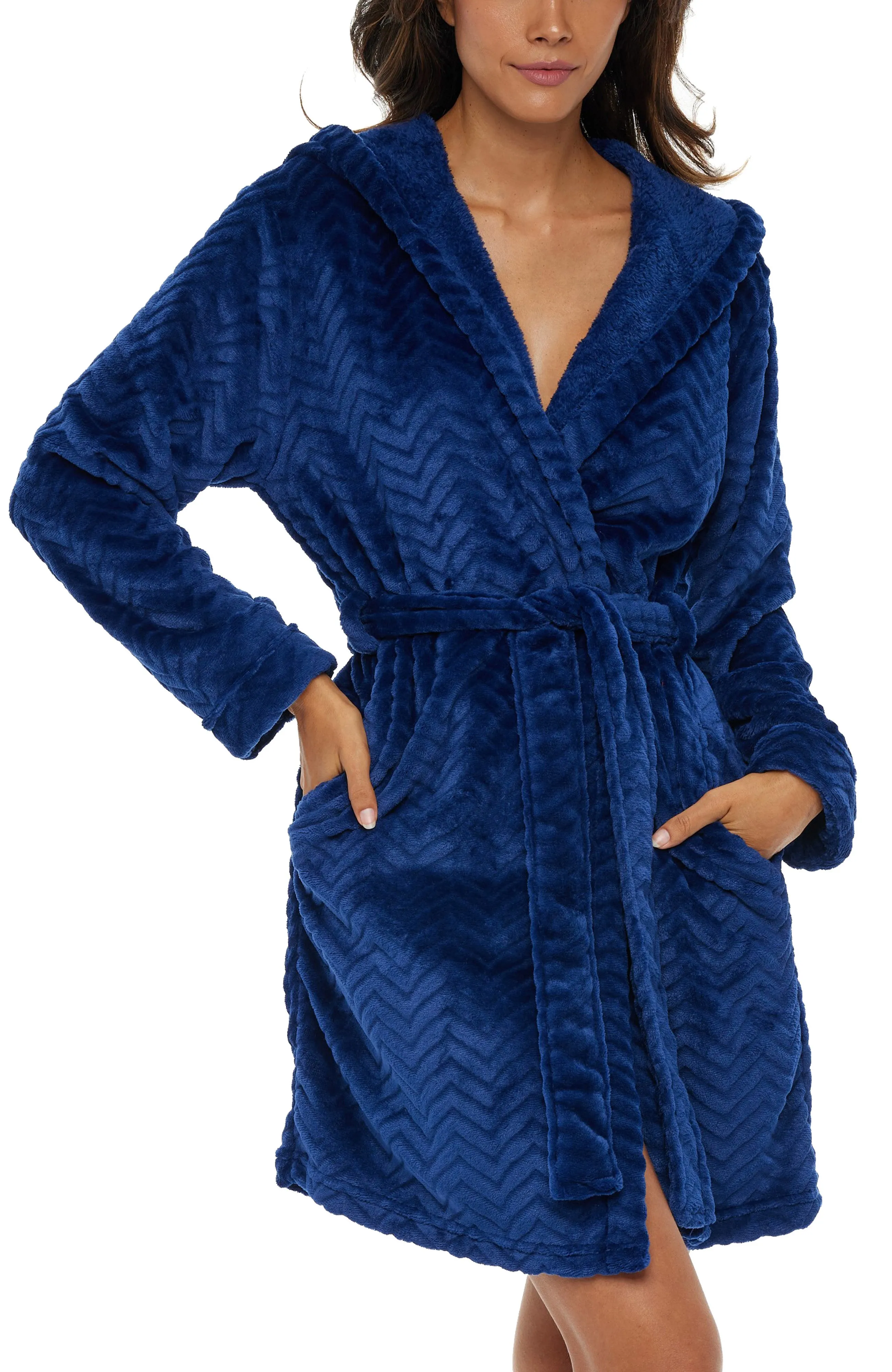 Women's Warm Soft Plush Fleece Bathrobe with Hood, Knee Length Hooded Robe