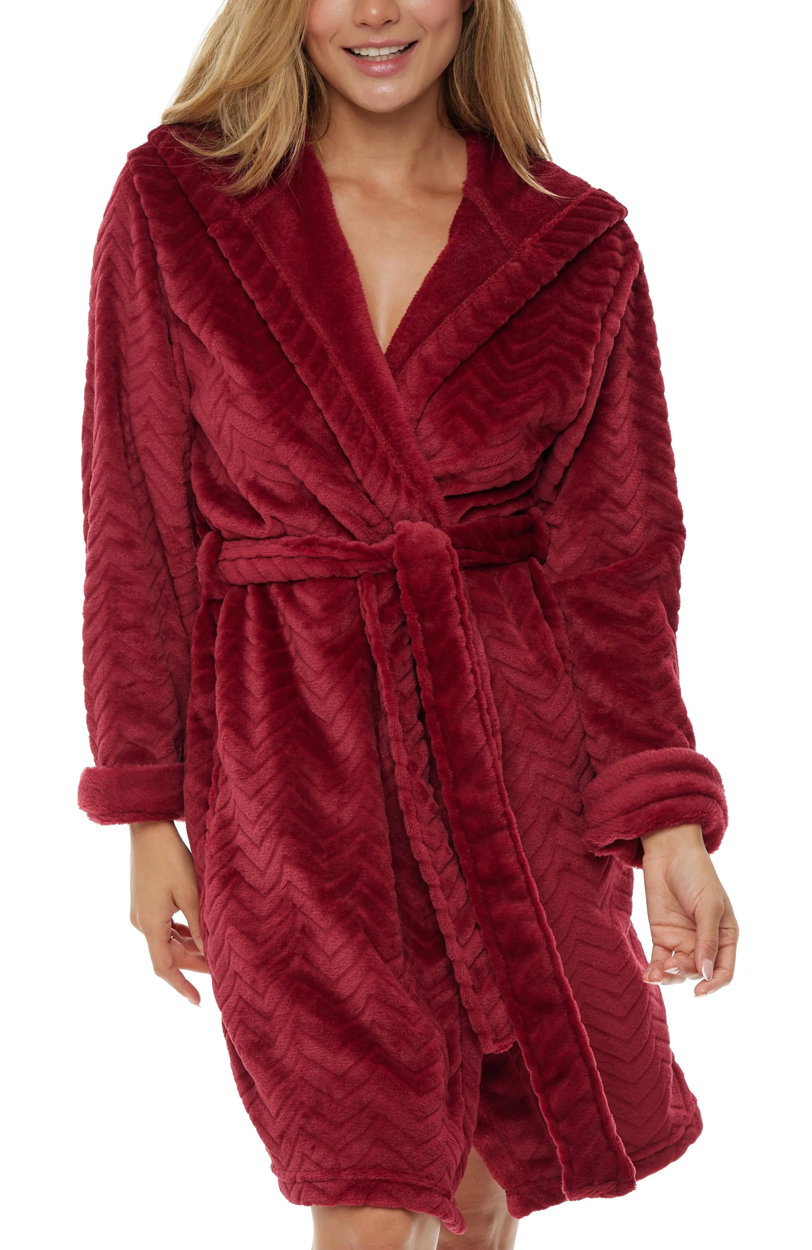 Women's Warm Soft Plush Fleece Bathrobe with Hood, Knee Length Hooded Robe