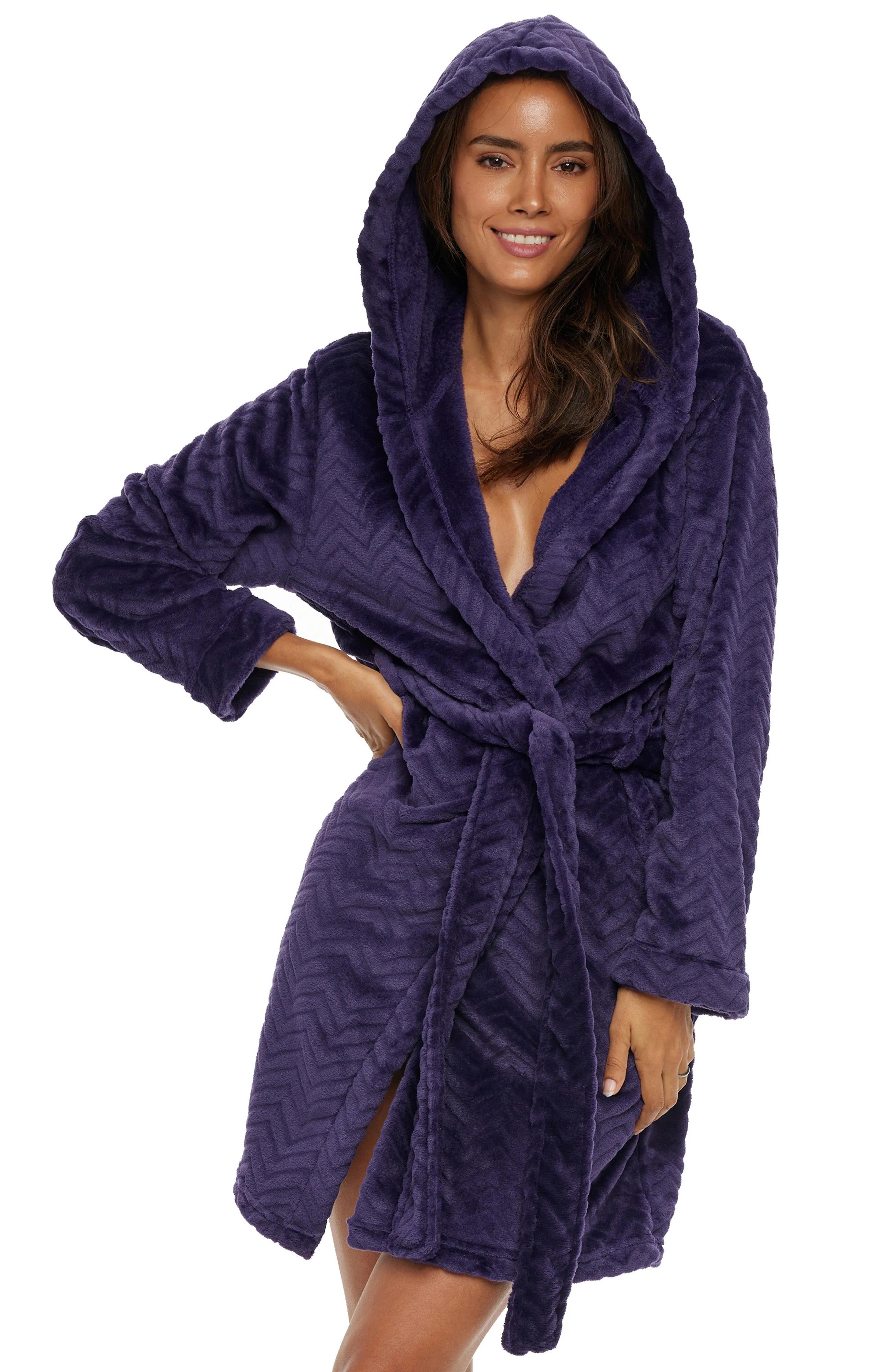 Women's Warm Soft Plush Fleece Bathrobe with Hood, Knee Length Hooded Robe