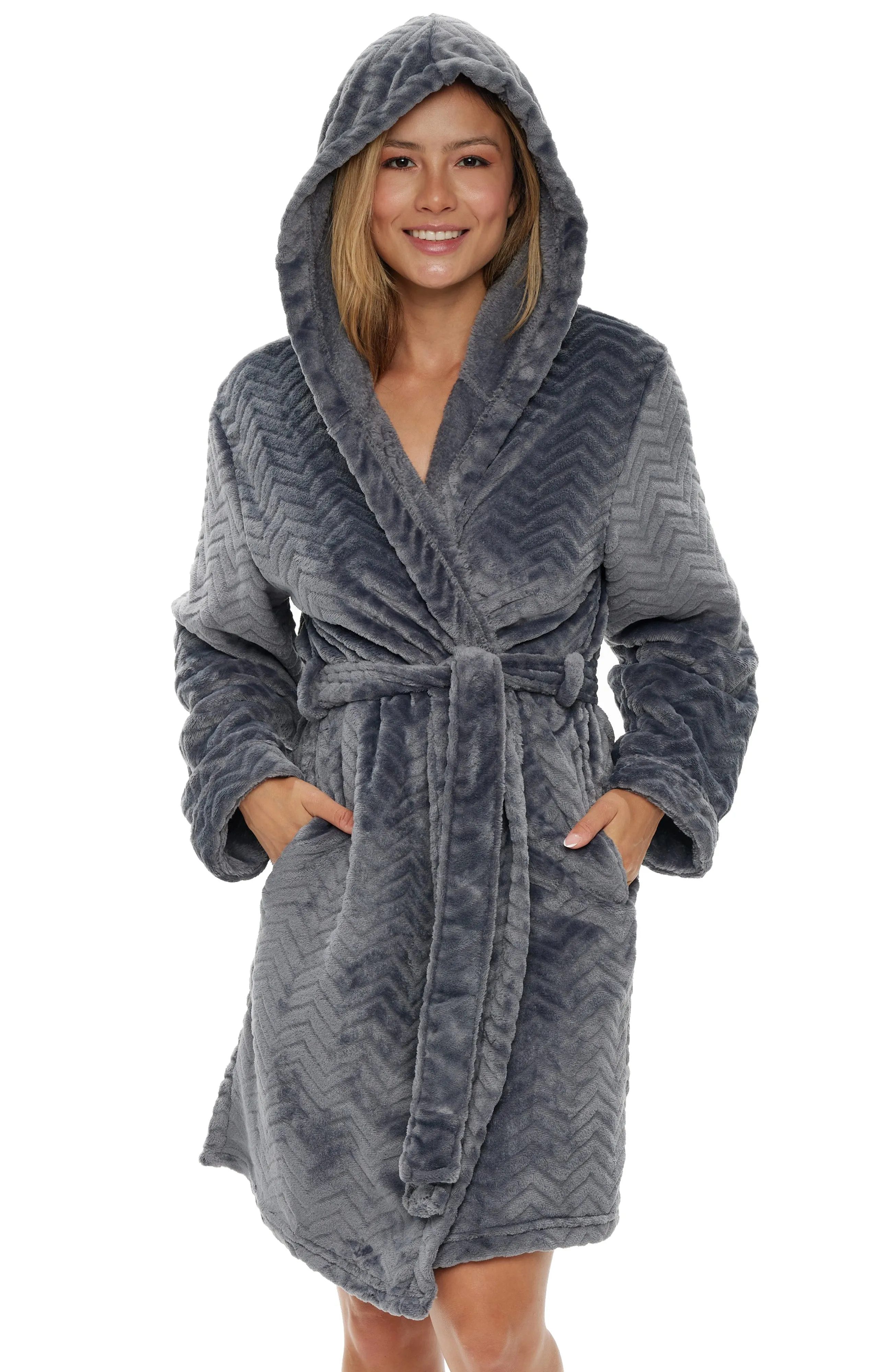 Women's Warm Soft Plush Fleece Bathrobe with Hood, Knee Length Hooded Robe