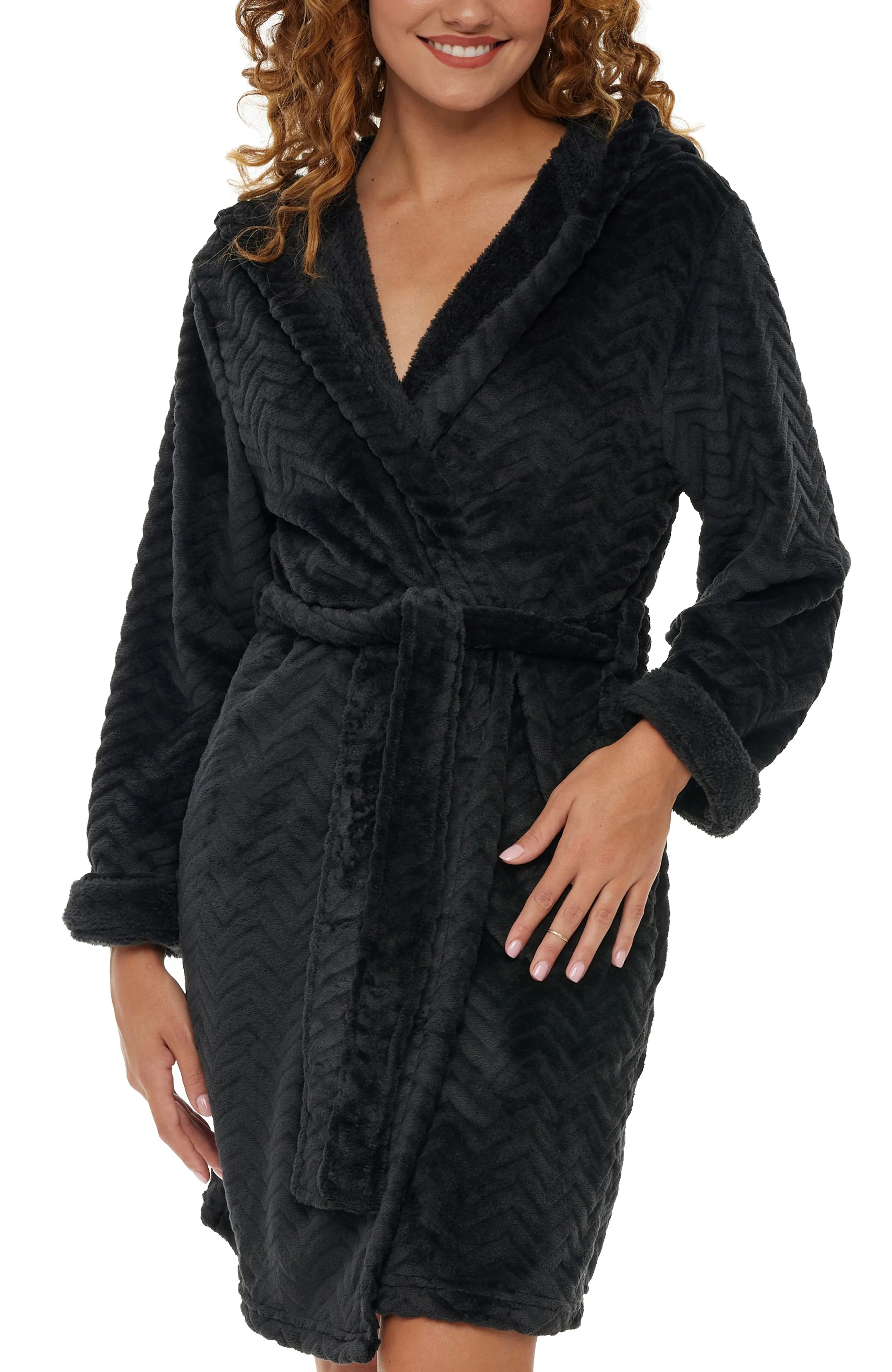 Women's Warm Soft Plush Fleece Bathrobe with Hood, Knee Length Hooded Robe