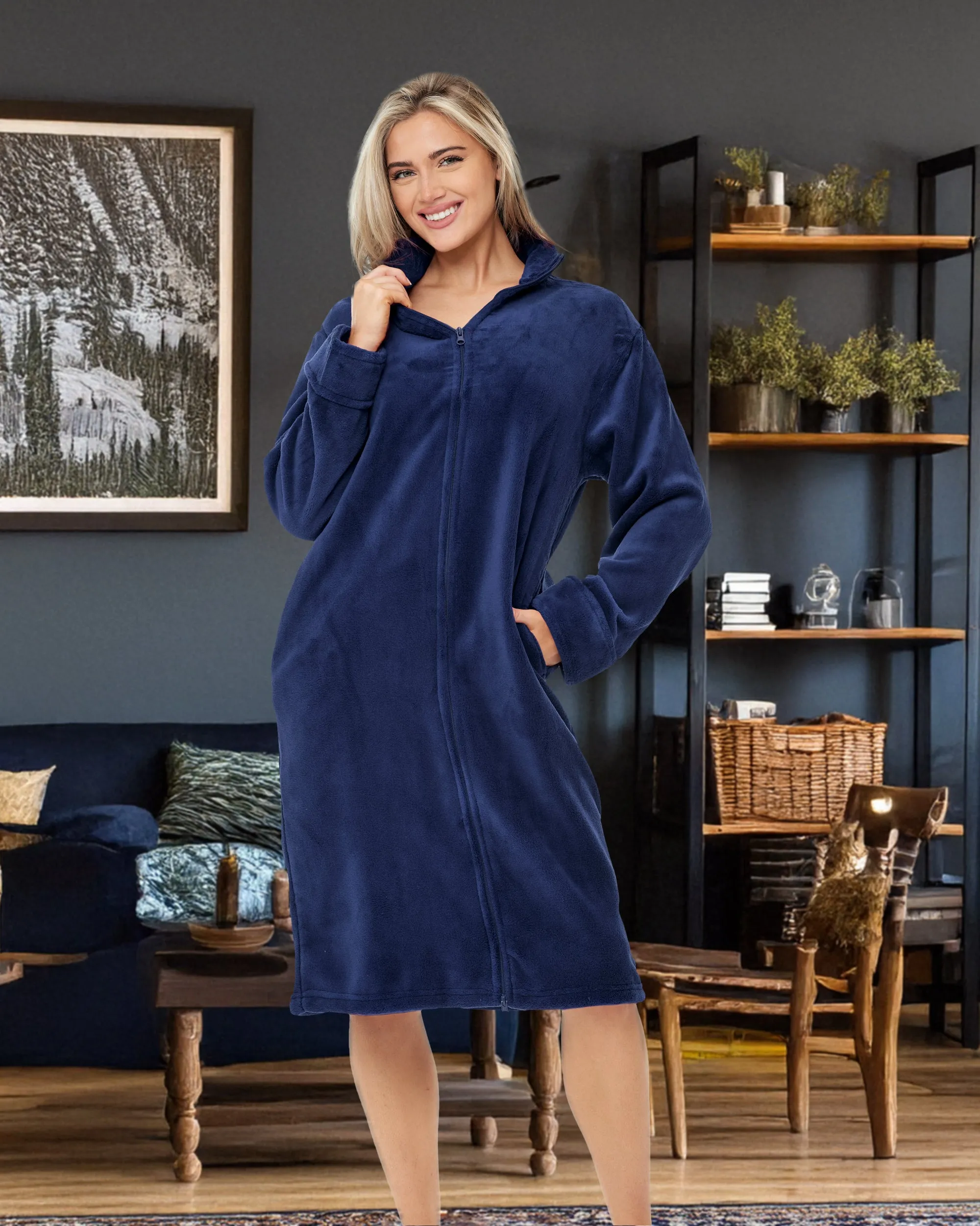 Women's Zip Up Plush Robe, Oversized Knee Length Bathrobe with Two Way Zipper