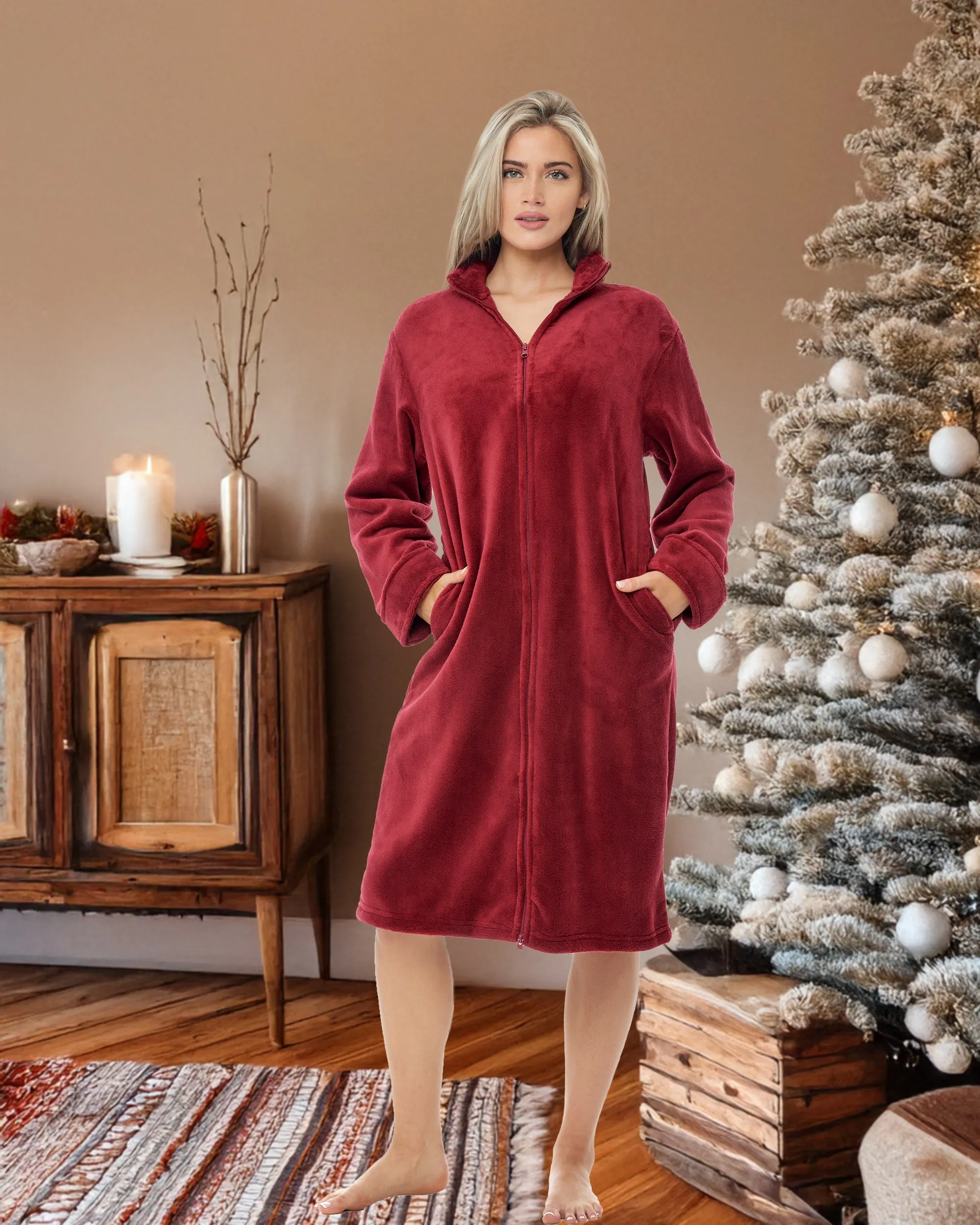 Women's Zip Up Plush Robe, Oversized Knee Length Bathrobe with Two Way Zipper