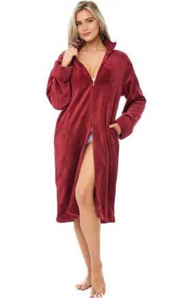 Women's Zip Up Plush Robe, Oversized Knee Length Bathrobe with Two Way Zipper