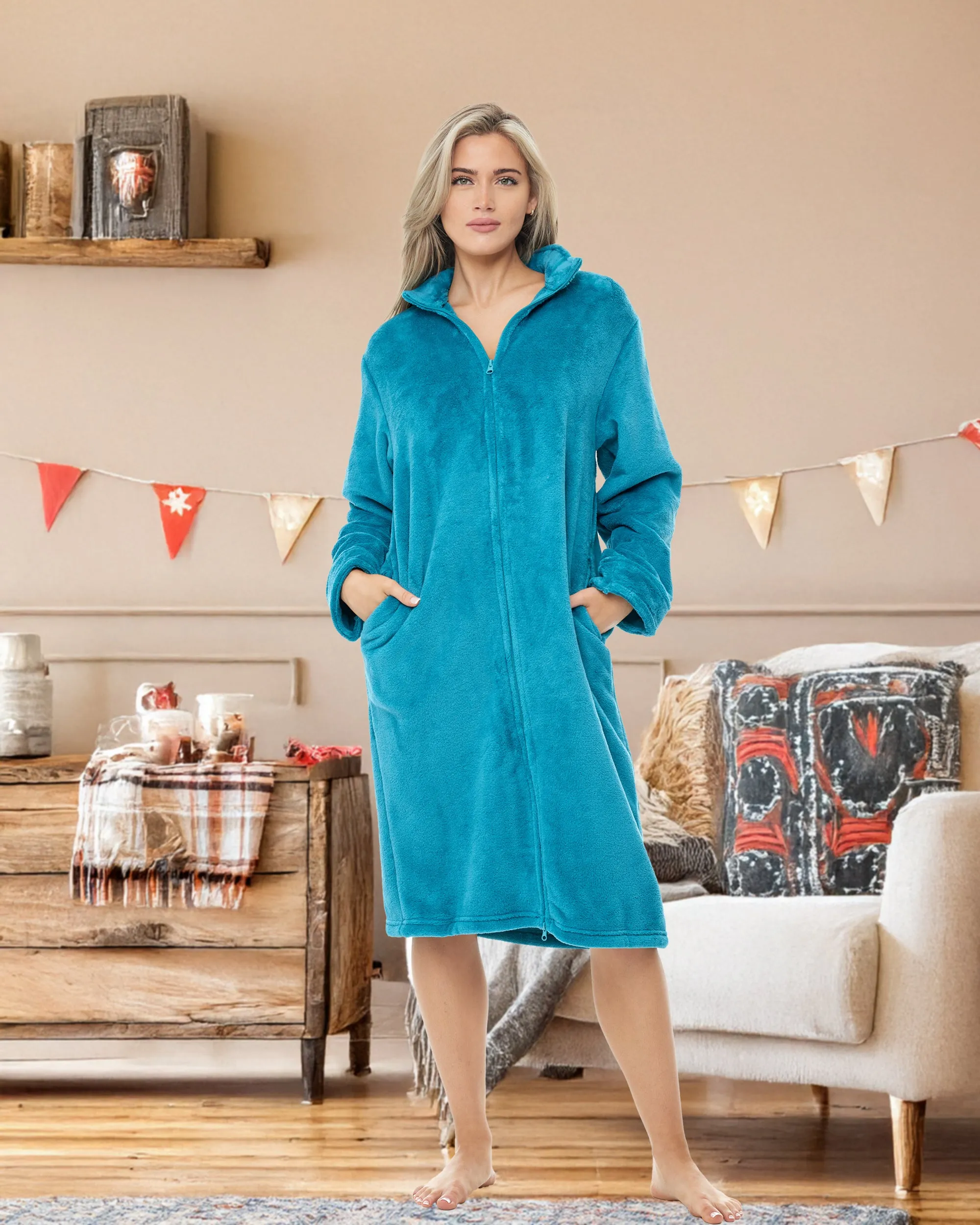 Women's Zip Up Plush Robe, Oversized Knee Length Bathrobe with Two Way Zipper