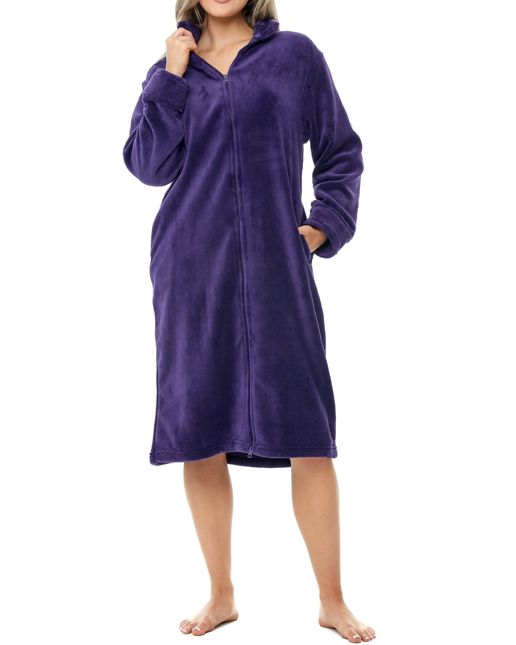 Women's Zip Up Plush Robe, Oversized Knee Length Bathrobe with Two Way Zipper