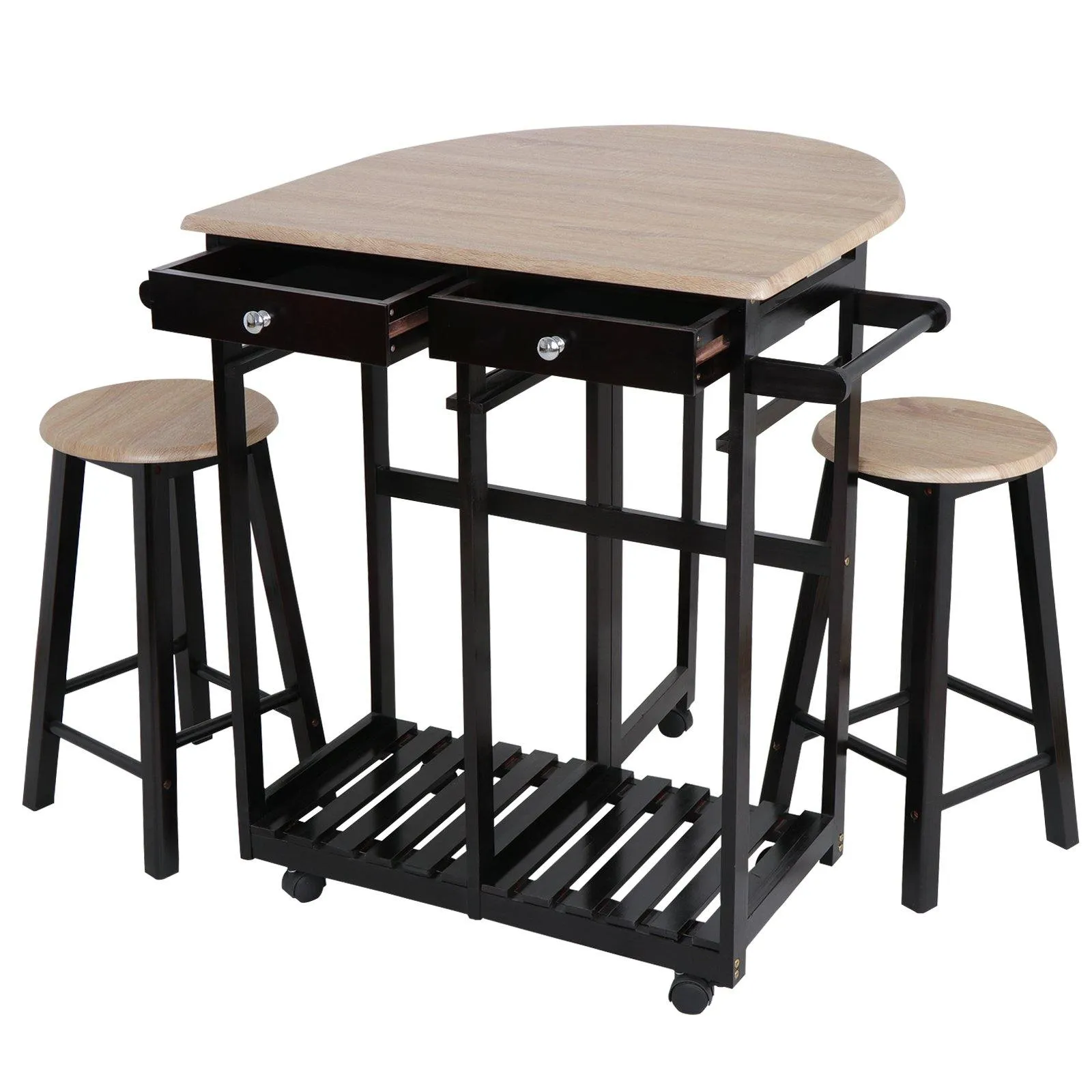 ZENY™ 3-Piece Rolling Kitchen Island Trolley Cart Set Breakfast Bar Cart Drop-Leaf Folding Table